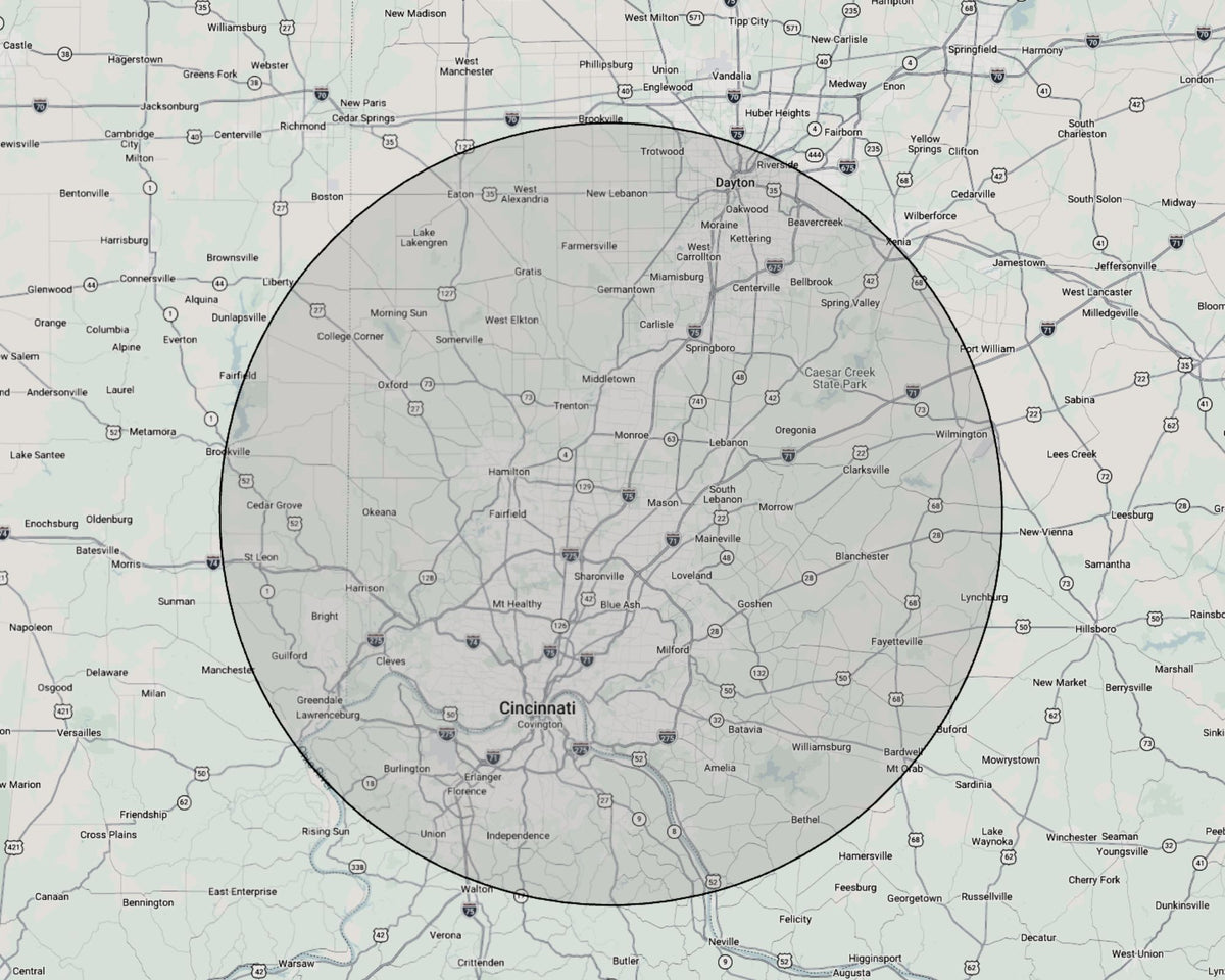 Map of Cincinnati with a circular area highlighted