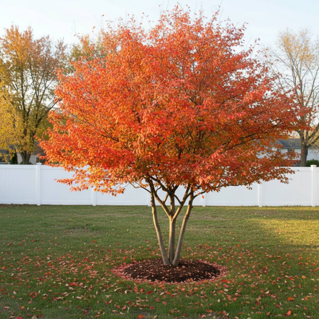 Tree with vibrant red leaves in a garden setting with a white fence and grass.