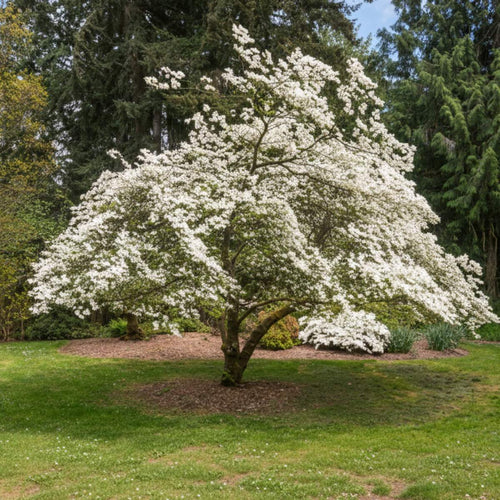 Tree with white flowers in a park setting