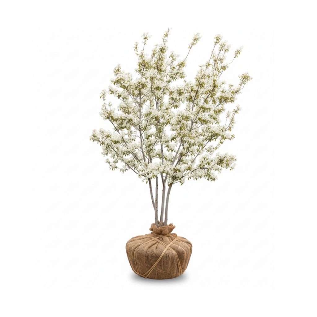 Autumn brilliance serviceberry tree with white flowers and packaged roots in a white background
