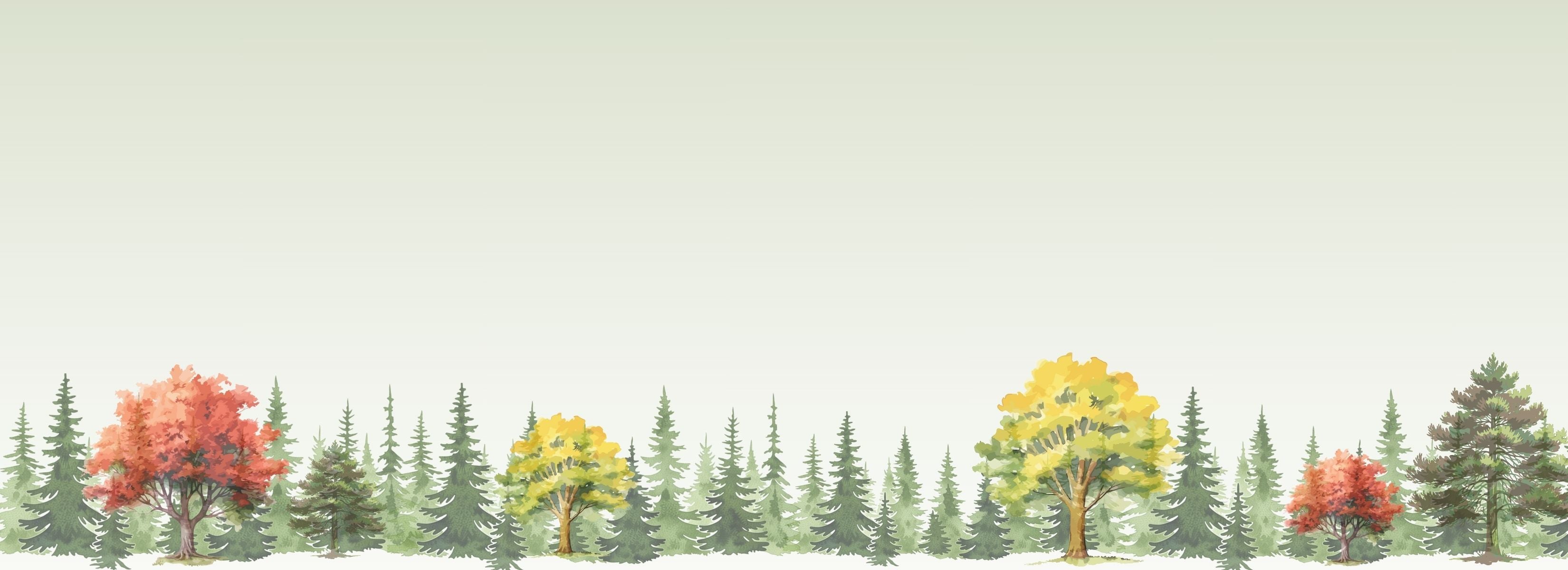 Scenic watercolor view of trees with autumn colors on a light green background