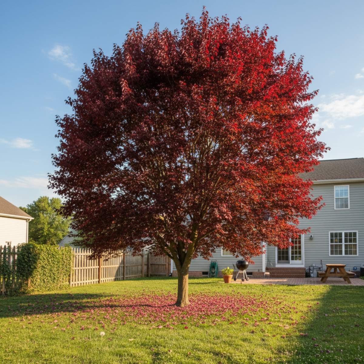 Red burgundy maple tree in a backyard with a house in the background