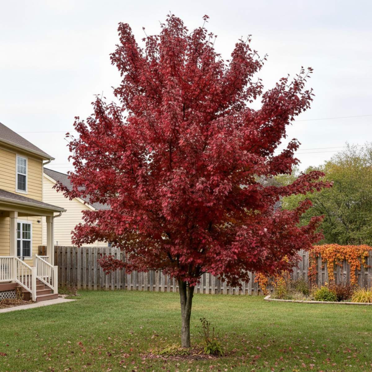 Red burgundy maple tree in a backyard with a house and fence in the background