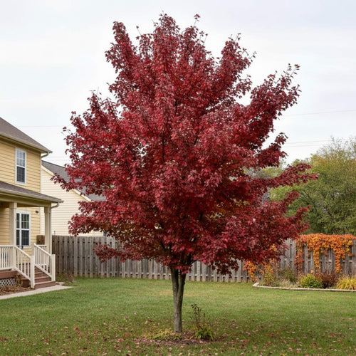 Red burgundy maple tree in a backyard with a house and fence in the background