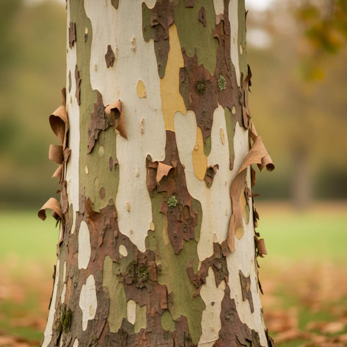 Close-up of a exclamatino plane tree trunk with camouflage pattern in a natural setting