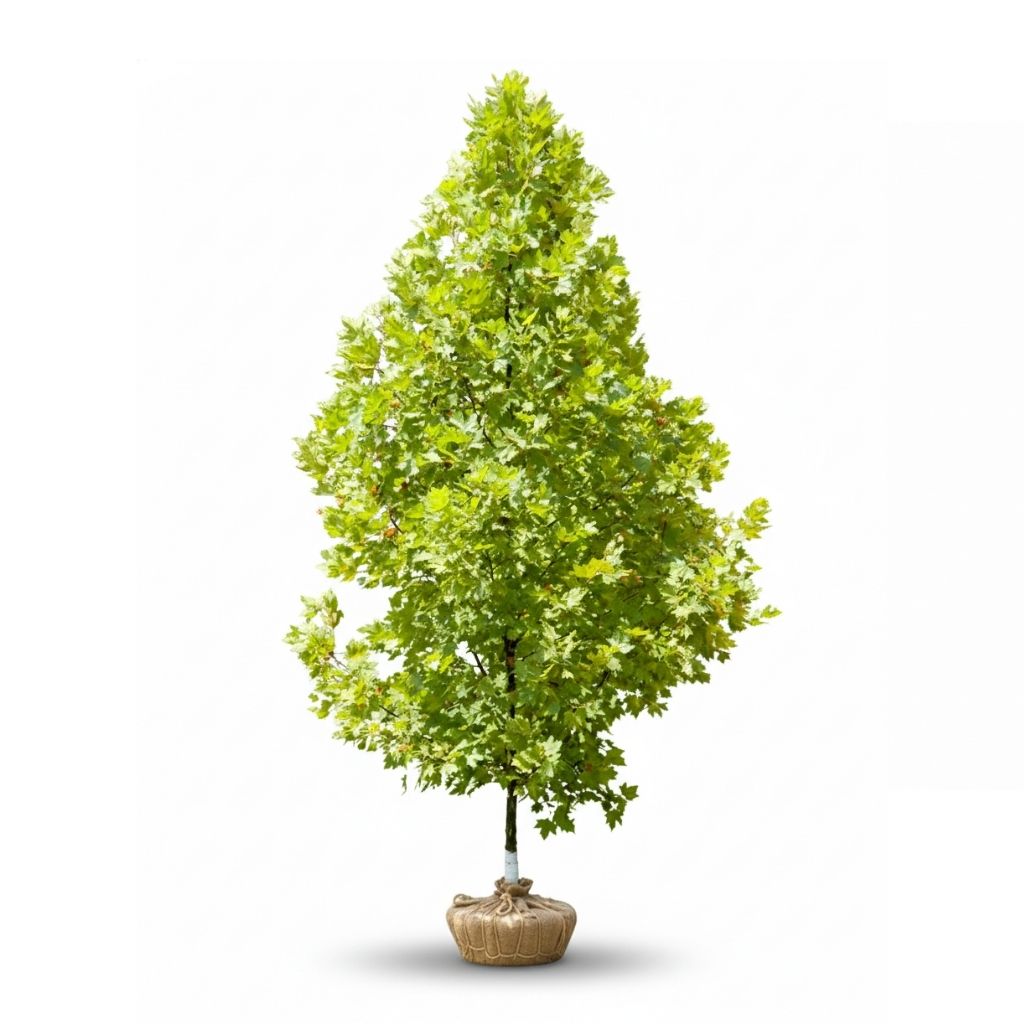 Green London Plane tree in a pot on a white background