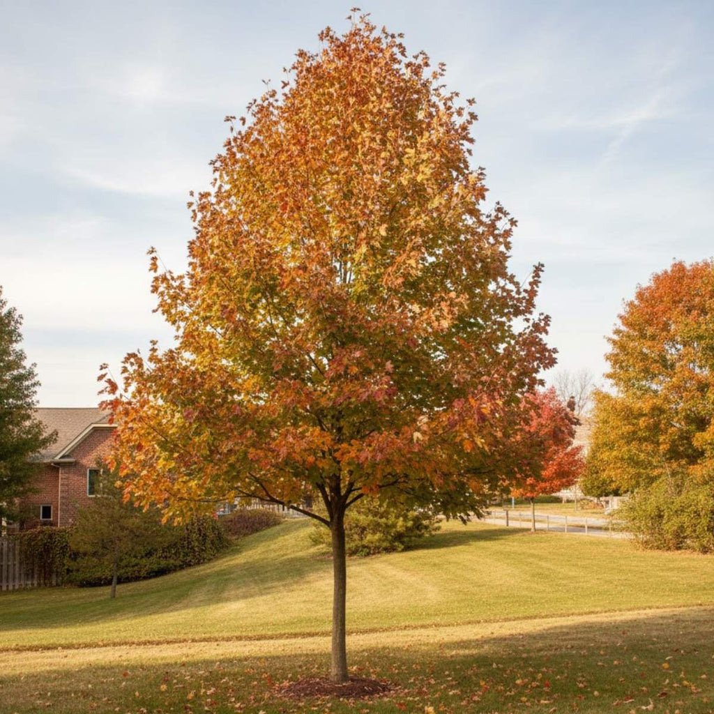 Exclamation plane tree with autumn foliage in a suburban setting