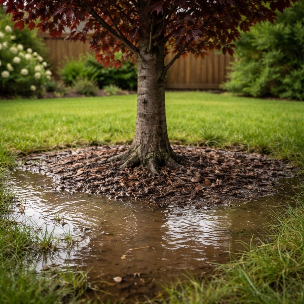 Pond formed around a tree in a garden setting