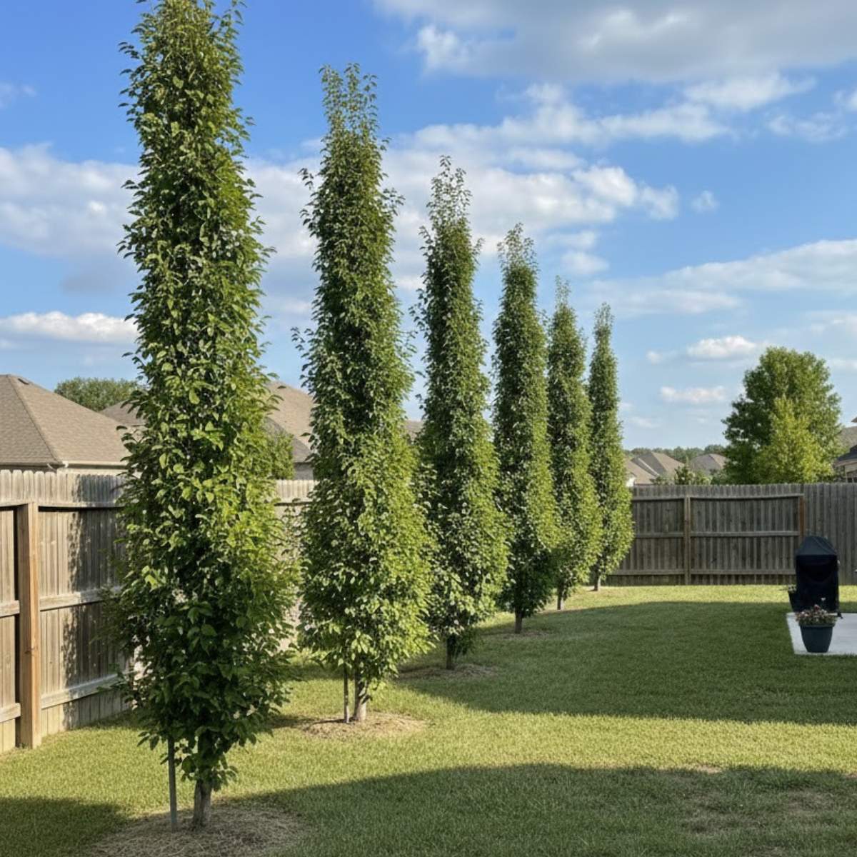 Row of tall franz fontaine green trees in a backyard with a wooden fence and clear sky.