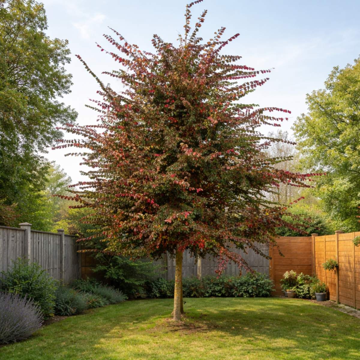 Frontier elm tree with autumn foliage in a garden setting with a wooden fence and grass.