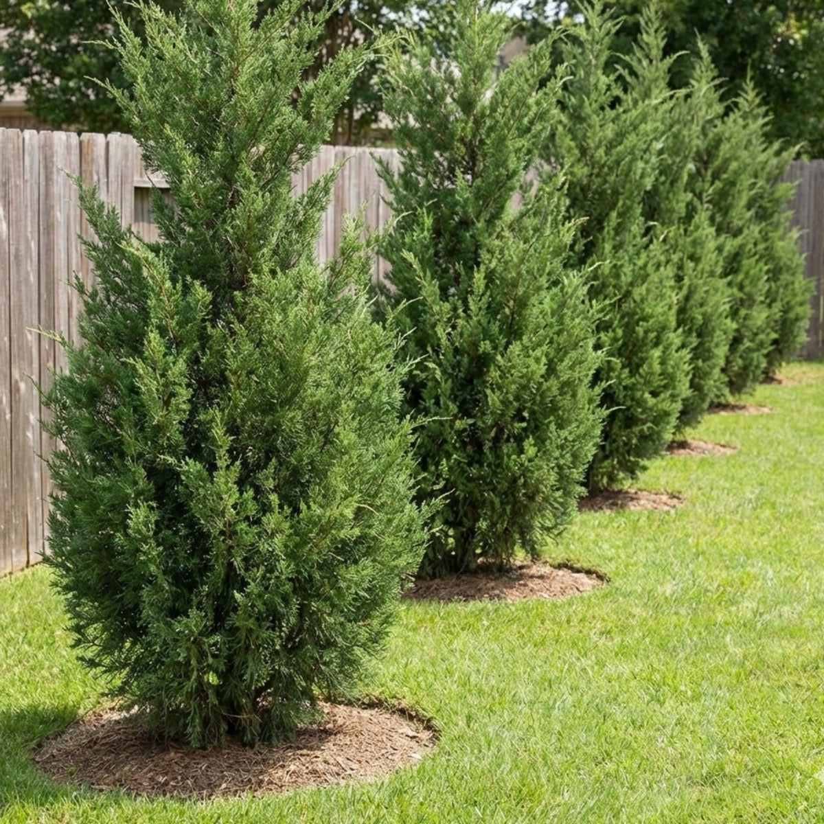 Row of conifer trees in a garden with a wooden fence in the background