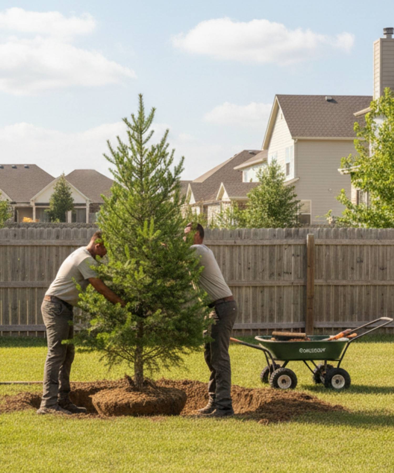 Two people planting a tree in a residential yard with a wheelbarrow nearby.