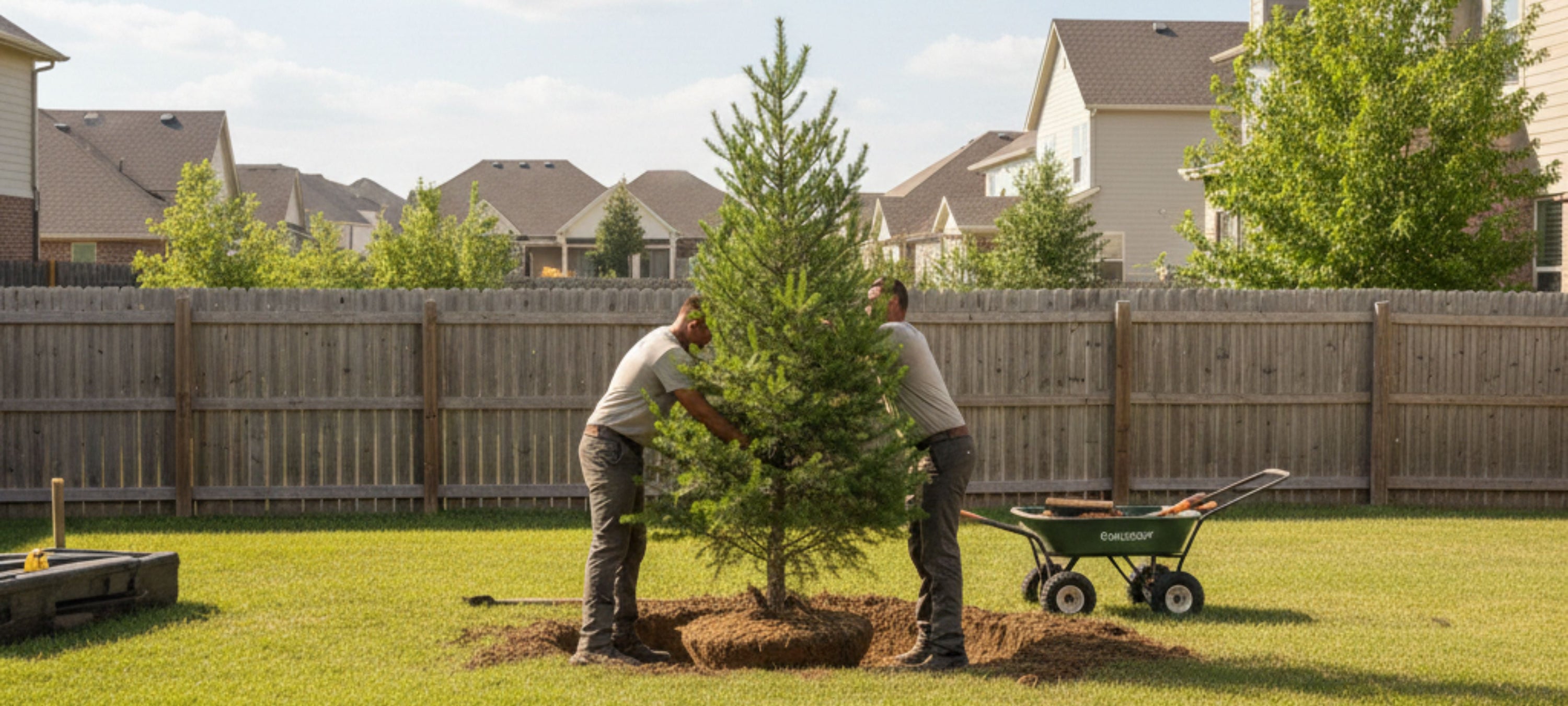Two people planting a tree in a residential backyard with houses and trees in the background.