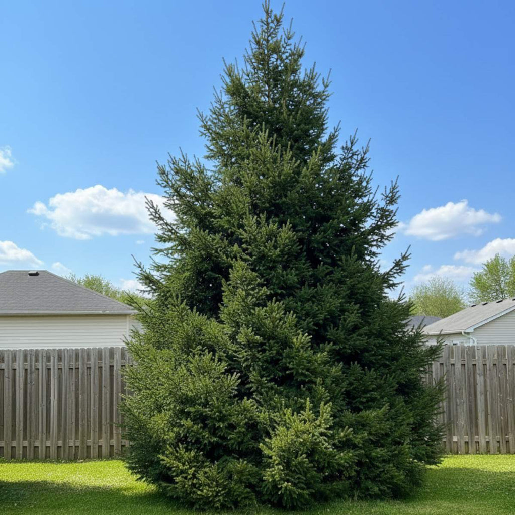 Tall evergreen norway spruce tree in a backyard with a clear blue sky.
