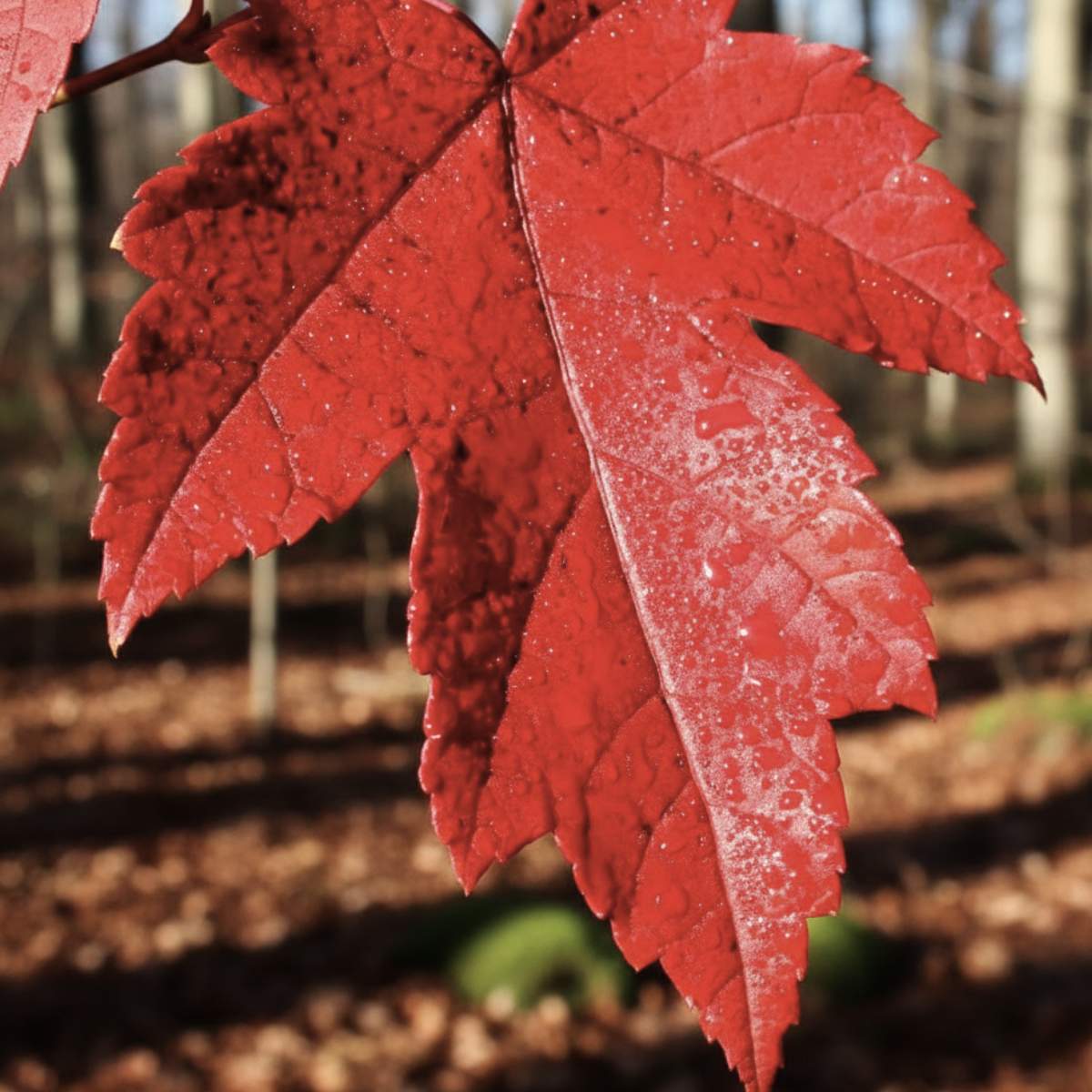 Close-up of a red maple leaf with water droplets in a forest setting
