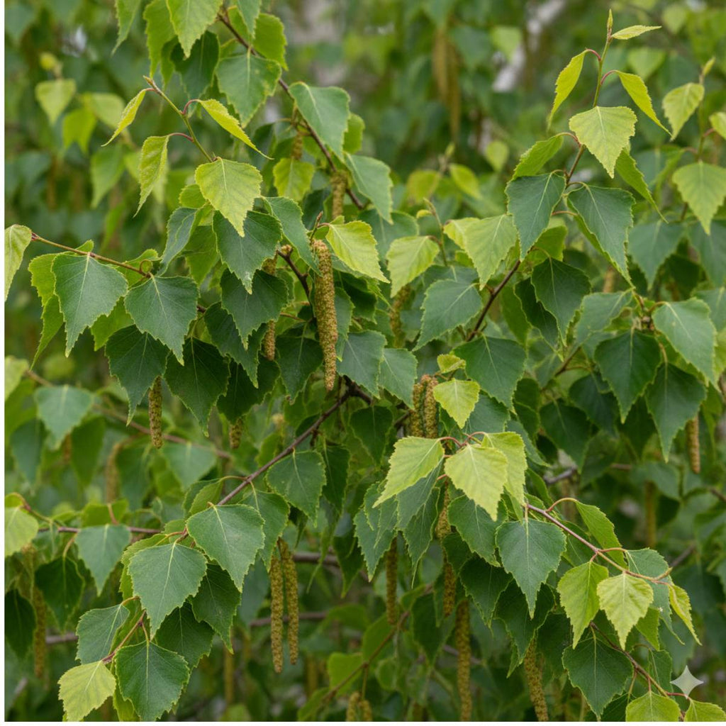 Close-up of green leaves and catkins on a tree branch