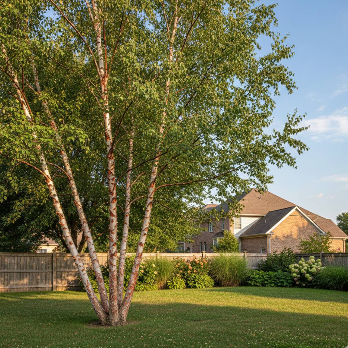 Birch tree in a backyard with a house in the background