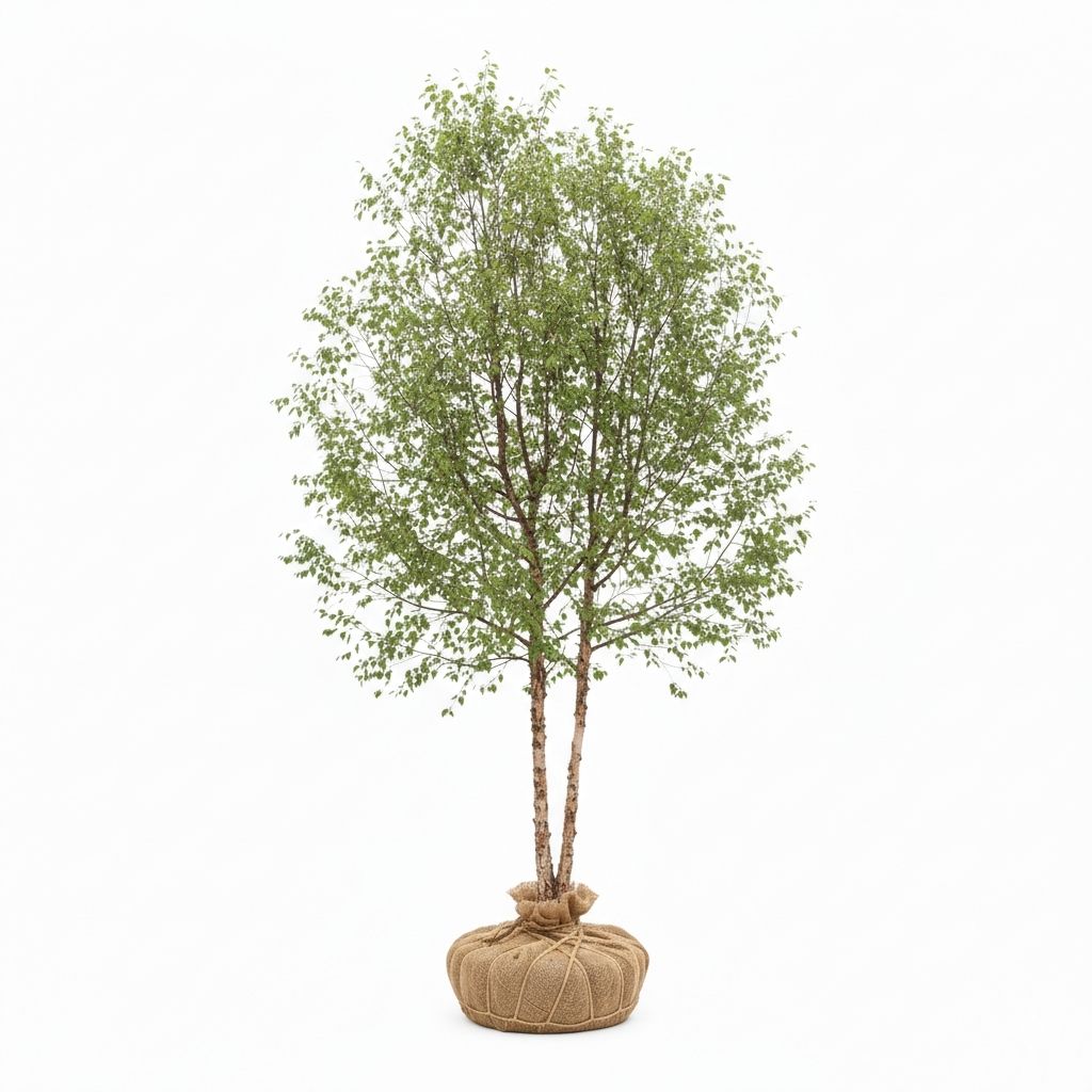 River brich  tree with green leaves and  packaged roots on a white background