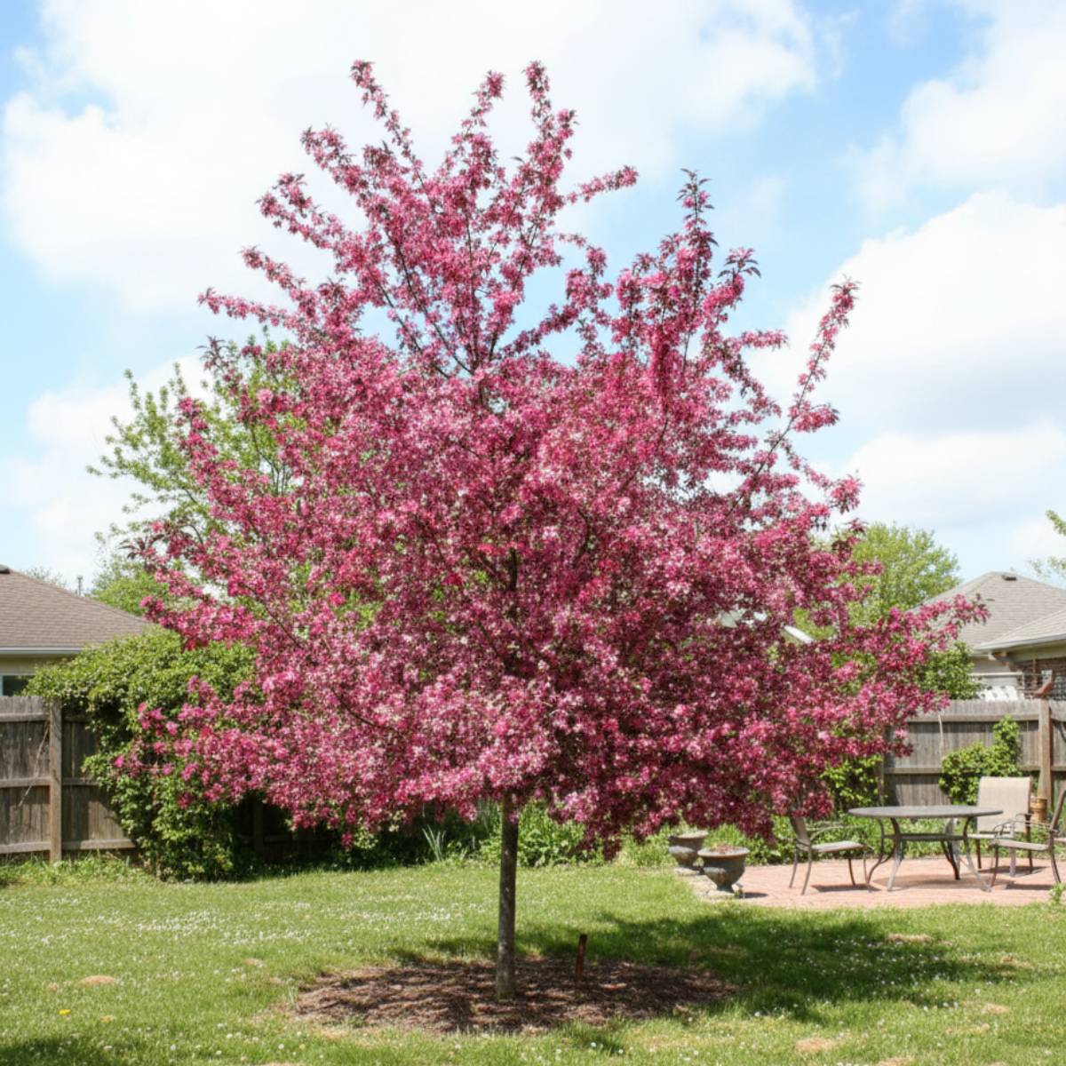 Pink flowering  crabapple tree in a backyard with a clear sky
