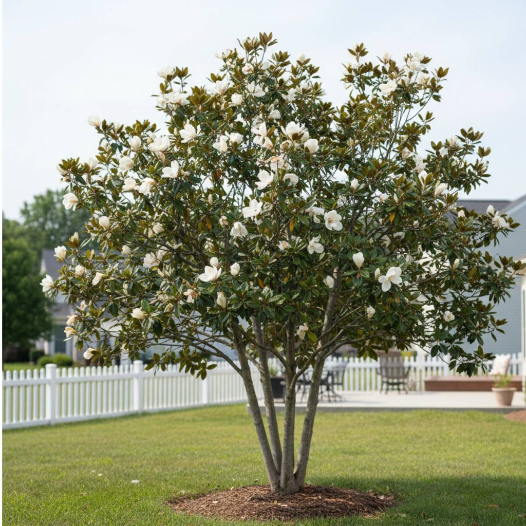 Sweetbay magnolia tree with white flowers in a garden setting with a white fence and house in the background.