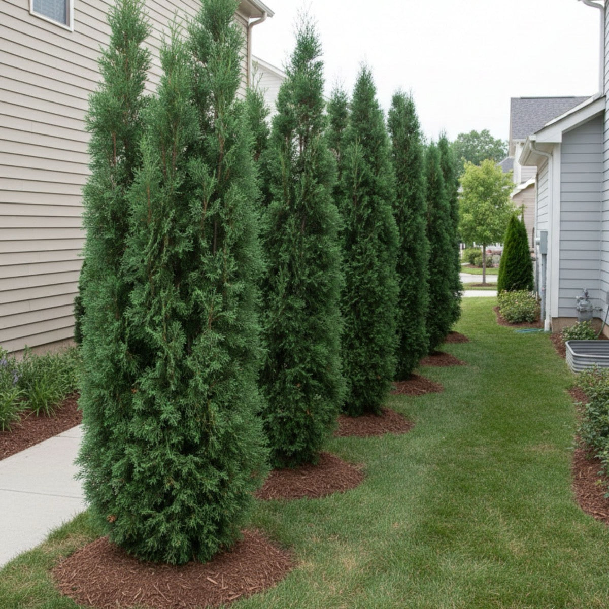 Row of tall narrow evergreen trees in a residential yard.