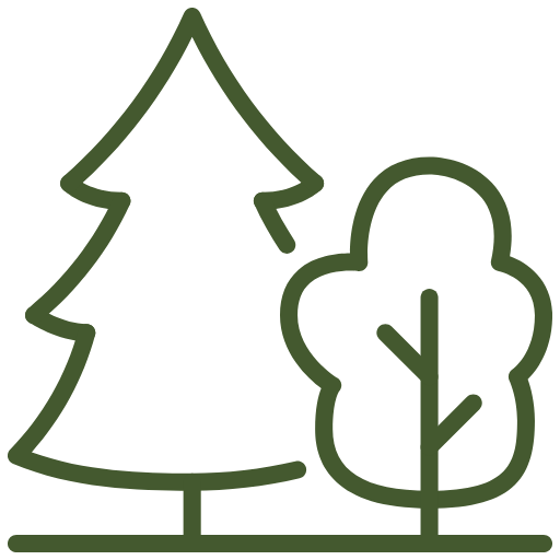 Icon of a pine tree and a bush in green on a white background