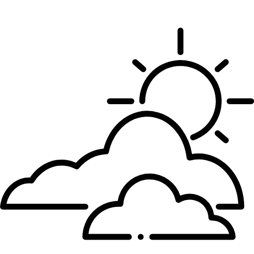 Icon of a sun peeking out from behind two clouds on a white background
